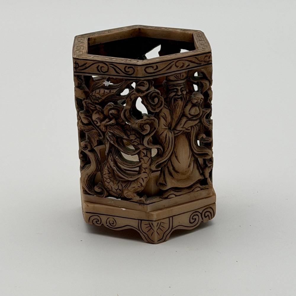 Vintage Chinese Style Carved Resin Hexagon Dragon Tea Light Candle Lantern